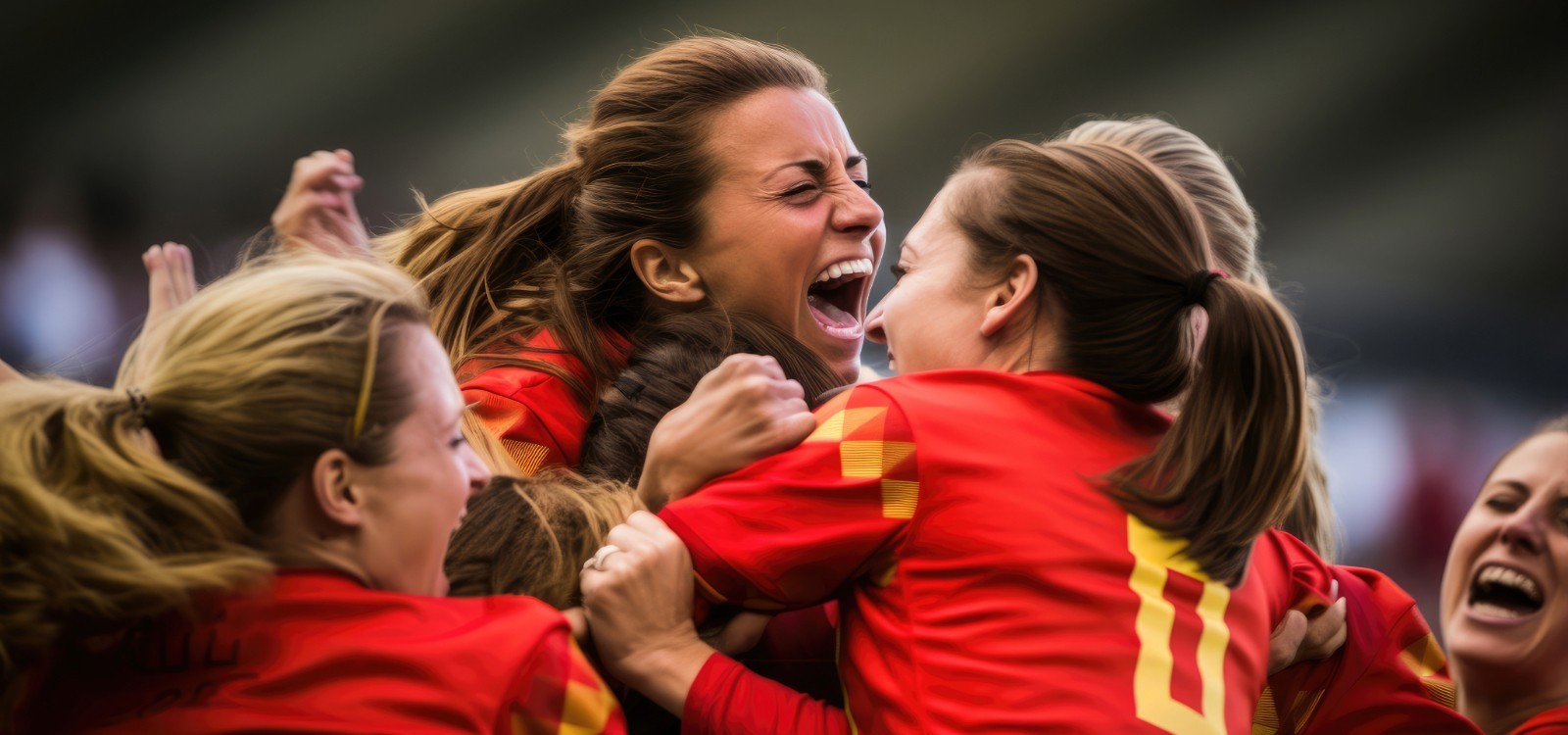 Group of women footballers in a celebratory hug 