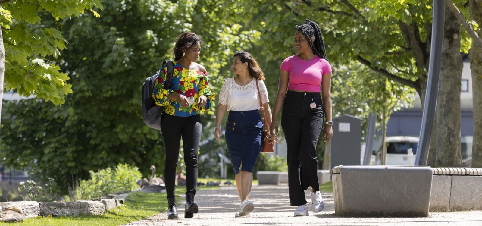 Three young women from ethnic minorities walking together in the sunshine. Trees, leafy green.