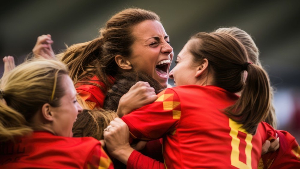 Group of women footballers in a celebratory hug 